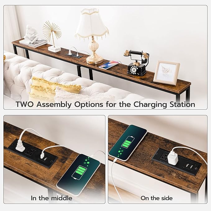 HOOBRO 70.9" Narrow Console Table with Charging Station, 5.9" Sofa Table with 2 Power Outlets and USB Ports, Long Entryway Tables Behind Couch Table, for Hallway, Living Room, Rustic Brown BF185UXG01