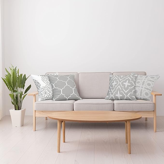 Ambesonne Vintage Throw Pillow Cushion Case Pack of 4, Monochrome Design Grid Trellis Quatrefoil Mesh and Dahlia Flowers Modern Print, Modern Accent Double-Sided Digital Printing, 20", Grey White
