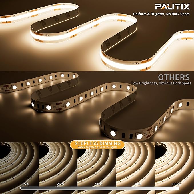 PAUTIX 5V USB COB LED Strip Light 6.56ft/2m 640LEDs Dimmable 4000K Natural White CRI90+ with RF Remote,1200lm,Flexible Tape Light for Under Cabinet,Bedroom,TV Backlight,Kitchen,Home DIY Lighting