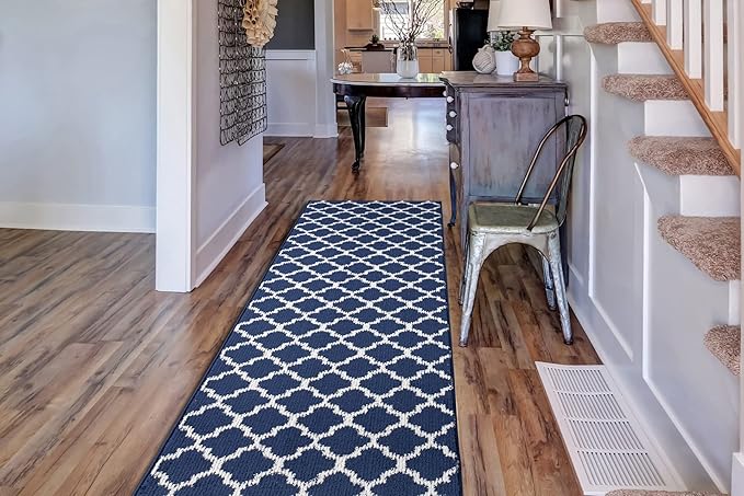 Custom Size Cut to Length Moroccan Trellis Design Runner Rug Mat For Wide Long Hallways with Non-Slip Rubber Backing, Better Traction for Pets, Prevent Slippage, Trellis Navy Blue, 31 inch X 20 feet