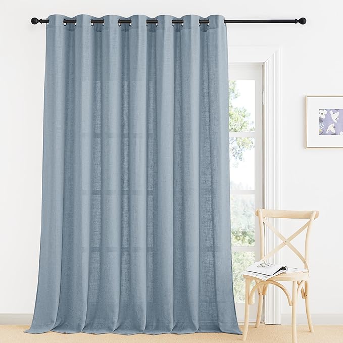 RYB HOME Semi Sheer Linen Curtains 108 inches Long, Light Filtering Airy Machine Washable Durable Vintage Window Decor for Living Room Bedroom Nursery, Dusty Blue, W 60 x L 108, 1 Pc