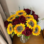 24PCS Fake Rustic Combination Flowers Artificial Fall Decor Long Single Stem Flower Include Sunflowers Babys Breath Burgundy Roses and Green Eucalyptus Stems for Wedding Home Party Decor