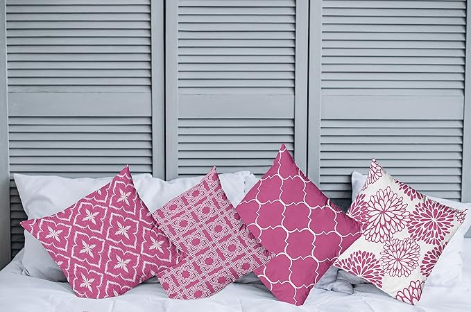 Ambesonne Vintage Throw Pillow Cushion Case Pack of 4, Monochrome Design Grid Trellis Quatrefoil Mesh and Dahlia Flowers Modern Print, Modern Accent Double-Sided Digital Printing, 18", Pink and White