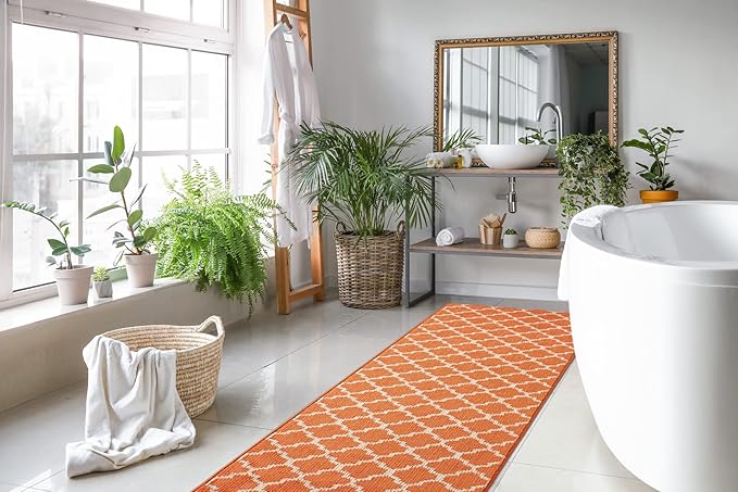 Custom Size Moroccan Trellis Runner Rug Mat for Wide Hallway Entryway Kitchen Laundry Room with Slip Resistant Latex Rubber Backing, Trellis Orange, 31 inch X 10 feet