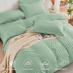HYMOKEGE Sage Green Queen Comforter Set Seersucker 7 Pieces, All Season Luxury Bed in a Bag for Bedroom, Bedding Set with Comforters, Sheets, Pillowcases & Shams