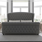 AMERLIFE California King Size Platform Bed Frame, Velvet Upholstered Sleigh Bed with Scroll Wingback Headboard & Footboard/Button Tufted/No Box Spring Required/Grey