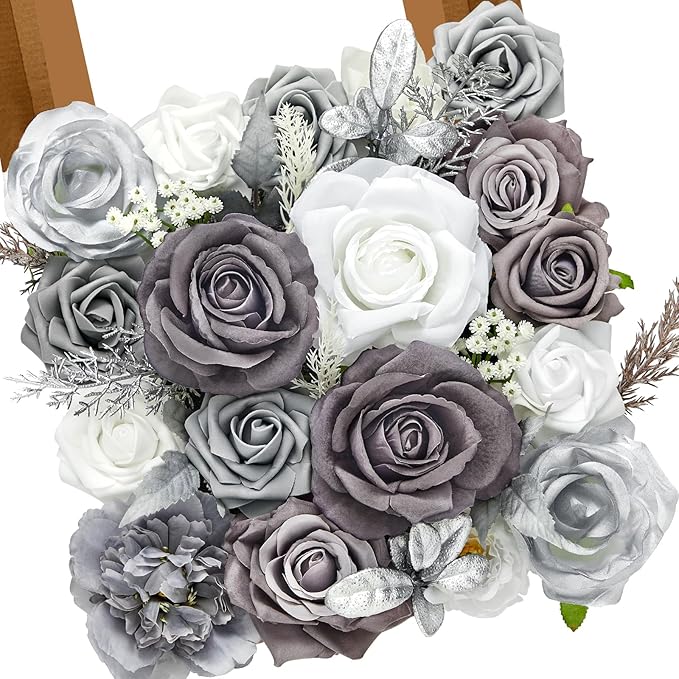 Alecono Artificial Flowers, Silver Silk Fake Flowers for DIY Wedding Cake, Grey Faux Flowers for Table Centerpieces Baby Shower Birthday Party Home Decorations
