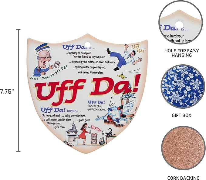 Decorative Wall Hanging Ceramic 7.5" Shield with Classic Norwegian Expression "Uff Da" by E.H.G.