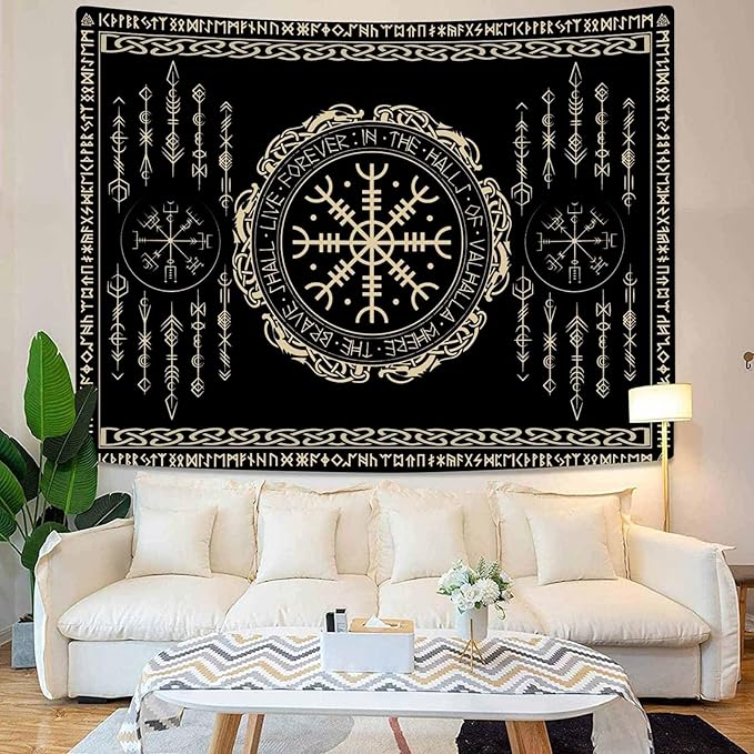 OSUNBD Nordic Vikings Tapestry Large 106x70inches Soft Flannel Vegvsir Symbol Amulet Celtic Rune Scandinavian Aesthetic Mythology Tapestry Wall Hanging for Bedroom Living Room Decor