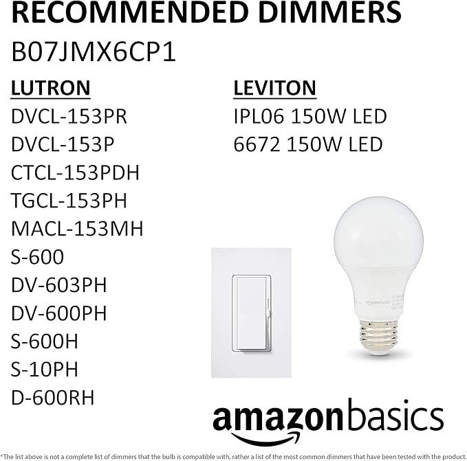 Amazon Basics A19 LED Light Bulbs, 60 Watt Equivalent, Energy Efficient 9W, E26 Standard Base, Daylight White 5000K, Dimmable, 10,000 Hour Lifetime , 6-Pack