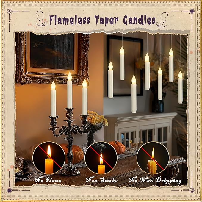 Homemory Hanging 20 Pcs Floating Candles with 2 Wand Remote and String, Flying Flameless LED Taper Candles Warm White Light, Battery Operated Window Candle for Halloween Christmas Party