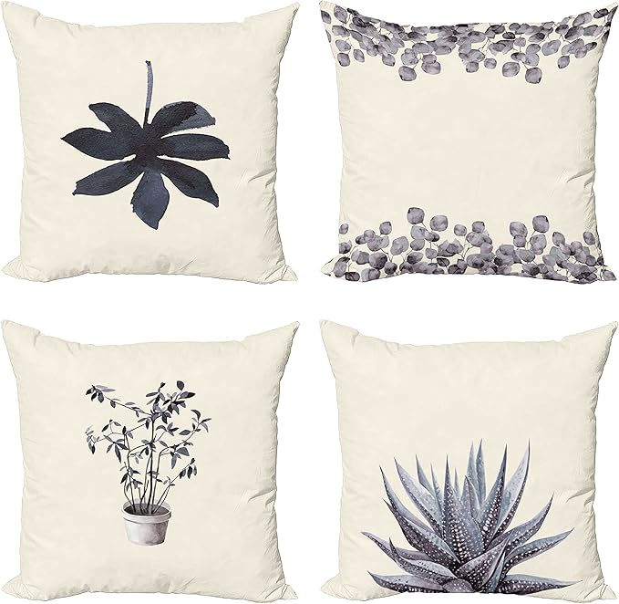Ambesonne Botanical Throw Pillow Cushion Case Pack of 4, Minimalist Watercolor Painting Leaves Agave Branches Plant in a Pot, Modern Accent Double-Sided Digital Printing, 24", Purpleblue and Dimgray