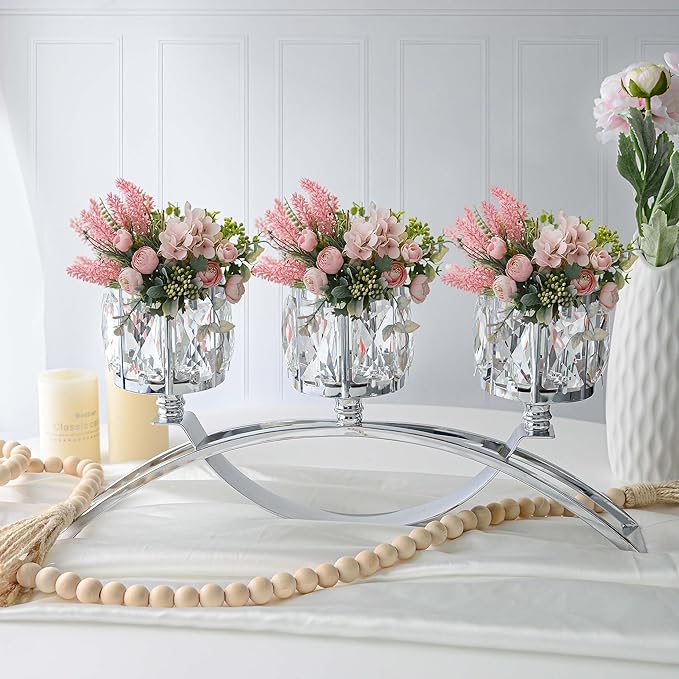 3 Arms Crystal Candle Holders, Arch Candlestick Table Candelabras Centerpieces for Wedding, Dinning Room, Cabinet Ornaments, Home Decoration， Gift (3-arm Arched Set, Silver)