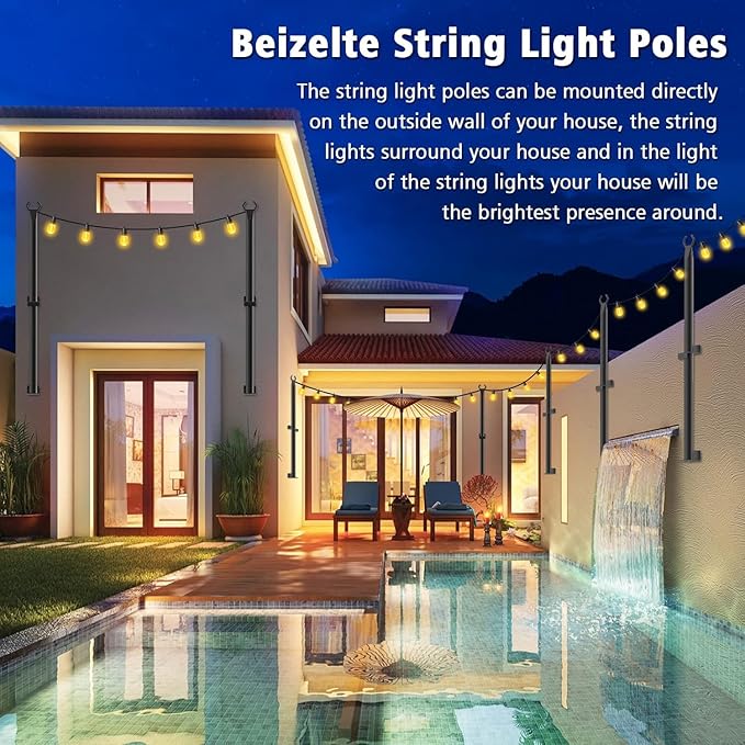 4 Pack 5Ft String Light Poles,Outside String Lights,Outdoor Light Poles,Metal Poles Stand for Patio,Backyard,Deck