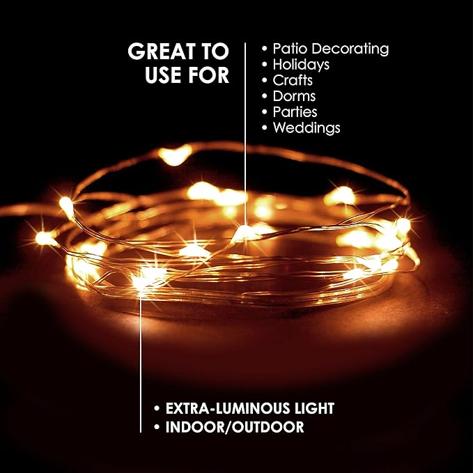 30 LEDs Warm White Color String Lights Silver Wire Indoor and Outdoor 9.5 Feet Firefly Starry Fairy Lights Battery Powered for DIY, Christmas, Holidays, Party, Bedroom and Centerpieces