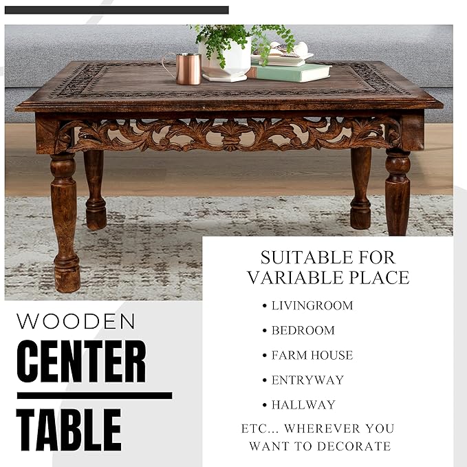 Rectangular Wooden Coffee Table Cutwork Jali Carving, Farmhouse Coffee Table, Rustic Center Table, Mid Century, Rustic and Modern Style Living Room Furniture - 36x24x18 Inch Burnt