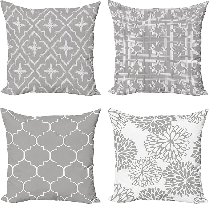 Ambesonne Vintage Throw Pillow Cushion Case Pack of 4, Monochrome Design Grid Trellis Quatrefoil Mesh and Dahlia Flowers Modern Print, Modern Accent Double-Sided Digital Printing, 20", Grey White