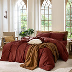 MooMee Bedding Duvet Cover Set 100% Washed Cotton Linen Like Textured Breathable Durable Soft Comfy (Solid Fired Brick Red, Cal King 104"x98")