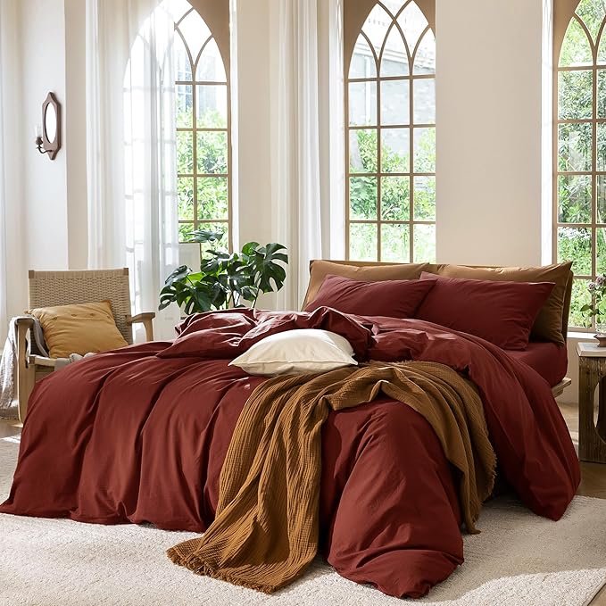 MooMee Bedding Duvet Cover Set 100% Washed Cotton Linen Like Textured Breathable Durable Soft Comfy (Solid Fired Brick Red, Cal King 104"x98")
