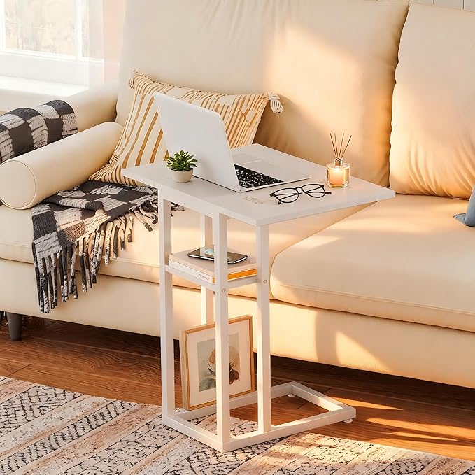 HOOBRO Foldable End Table, C Shaped Side Table with Storage Shelf, Small Snack Table Suitable for Living Room Bedroom Small Spaces, Easy Assembly, White WW29SF01