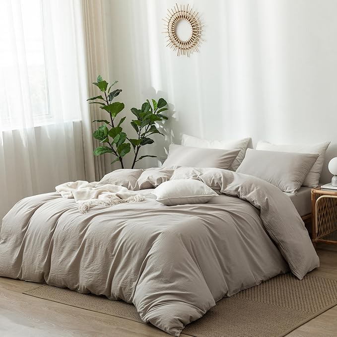 MooMee Bedding Duvet Cover Set 100% Washed Cotton Linen Like Textured Breathable Durable Soft Comfy (Heathered Cream Grey, Oversized Queen 98"x98")