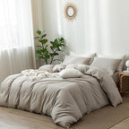 MooMee Bedding Duvet Cover Set 100% Washed Cotton Linen Like Textured Breathable Durable Soft Comfy (Heathered Cream Grey, Alaska King 132"x120")