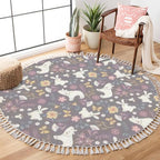 Round Rugs Autumn Forest Cute Bear Rabbit Flowers Butterflies Cartoon Boho Area Rug Linen and Cotton Carpet Meditation Rug Washable Hallway Runner Mat Accent Rug for Bedroom Bathroom 4ft