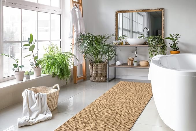 Custom Length Cut to Size Tribal Ethnic Southwestern Inspired Hallway Runner Rug, Non Slip Rubber Backed, 31 inch Wide X Customized Length, Inca Tan, 31 inch X 12 feet