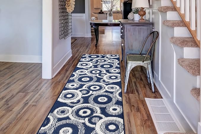 Custom Length Cut to Size Retro Modern Coastal Carpet Runner Rug for Hallways, Non Slip Rubber Backed, 31 inch Wide X Customized Length, Geo Blue, 31 inch X 7 feet