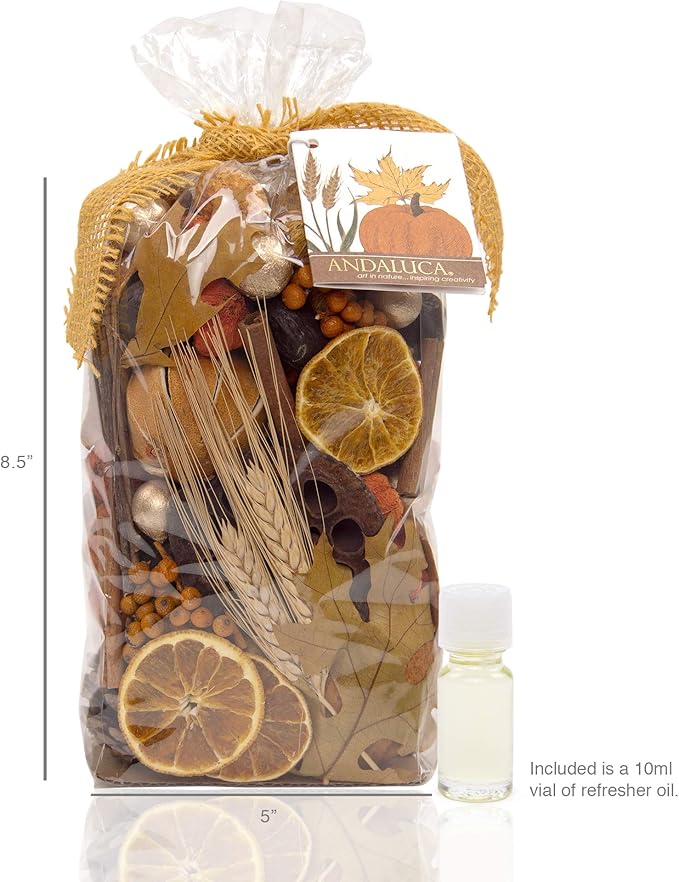 ANDALUCA Blissful Harvest Potpourri | Made in California | Large 20 oz Bag w/Fragrance Vial Included | Scents of Orange Zest, Nutmeg and Pumpkin