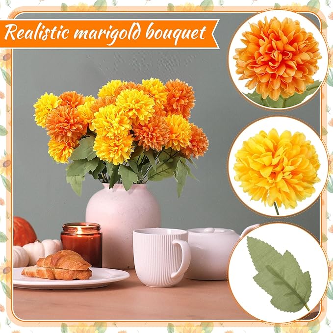 6 Bundles 16.5" Artificial Marigold Flowers 54 Heads Orange & Yellow Dried Silk Fake Marigold Ball Heads Bouquet Realistic Autumn Plants for Day of the Dead Dia De Los Muertos Fall Decoration