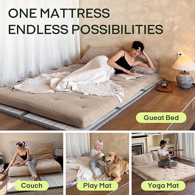 ZonLi Japanese Floor Futon Mattress Twin Size 75"x 39", 100% Cotton Cover 4'' Thicken Tatami Mattress, Foldable Sleeping Pad, Portable Dormitory Tatami Mat, Roll Up Floor Lounger Bed for Adult (Khaki)