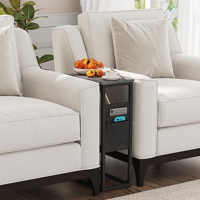 TUTOTAK C Shaped End Table, Side Table for Couch, Sofa Table with Storage Bag, TV Tray for Living Room, Bedroom, Charcoal Grey TB01BY0822
