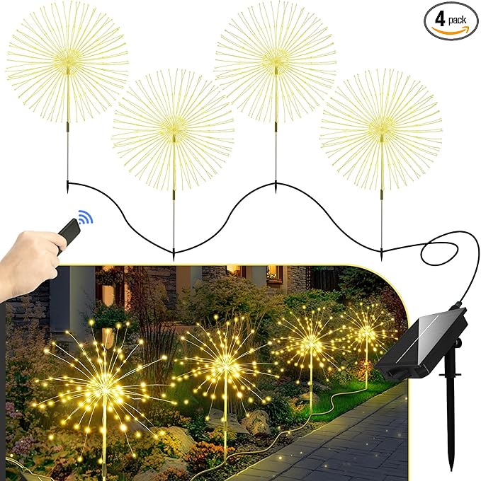 Anordsem Solar Fireworks Lights Outdoor: 4 Bendable Copper Wire 120 LEDs String Lighting - Waterproof DIY Warm Decoration for Yard Garden Proch - Gardening Gifts for Garden Lovers