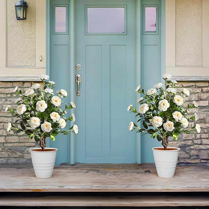 36''Artificial Camellia Tree, 2 Pack Soil Insertion w/Spike,Flower Plants, Faux Floral Plant Blooming Tree in Cement Pot, Greenery Potted Plant for Indoor Outdoor Office Home Porch Decor