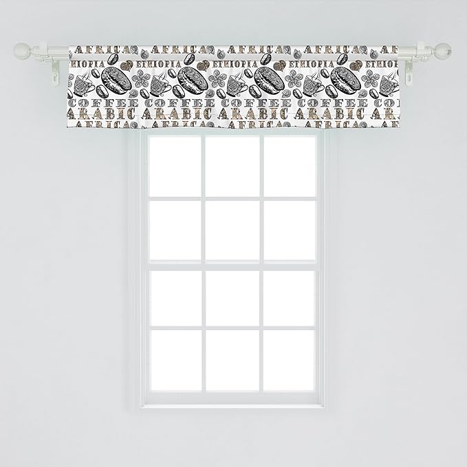 Ambesonne Modern Window Valance Pack of 2, Coffee Beans with Ornamental Words Ethiopians Pattern, Rod Pocket Curtain Valances for Kitchen Bedroom, 42" X 12", Sand Brown Black