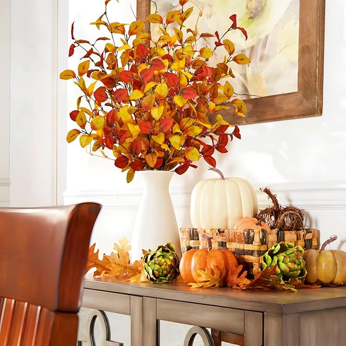 4pcs Artificial Fall Eucalyptus Leaves Stems, 27" Fall Flowers Eucalyptus Leaves Branches Faux Fall Leaf Spray Fall Decorations for Home Floral Arrangement Autumn Table Centerpiece