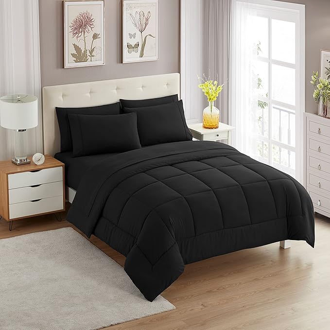 King Size Comforter Set with Sheets - 7-Piece Bedding Collection - 1 Comforter, 1 Fitted Sheet, 1 Flat, 4 Pillowcases - Deep Pocket - Soft & Breathable Premium Quality - Ideal for All Seasons, Black