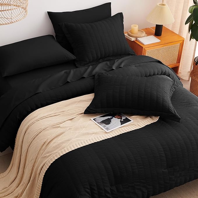 CozyLux King Size Comforter Set Black Seersucker 7 Pieces Bed in a Bag King Comforter Set with Sheets, Luxury Soft Bedding Set with Down Alternative Comforter, Sheets, Pillowcases & Shams All Seasons