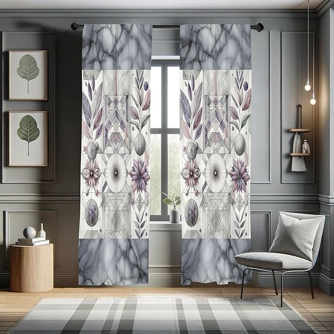 Ambesonne Geometric Floral Window Curtains, Classic Marble Print Ornate Leafy Flowers and Futurist Stripes, Lightweight Decor 2-Panel Set with Rod Pocket, Pair of - 28" x 95", Ceil Blue Laurel Green