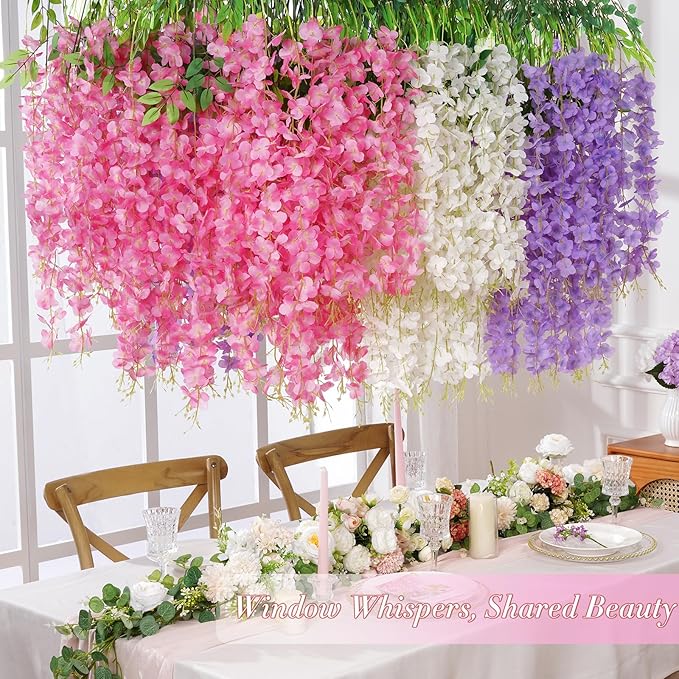 40 Pack Pink Purple White Wisteria Hanging Flowers, Fake Hanging Flowers for Decoration,Vines for Bedroom, Wisteria Flower Garland for Home ,Party,Wall,Wedding Decoration,Baby Shower(3.6 Ft/Pcs)