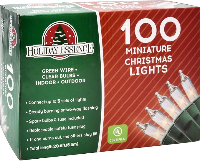Holiday Essence Clear Christmas Lights Green Wire, 100 Incandescent Mini String Lights Set for Indoor Outdoor Holiday Lighting Decoration, Christmas Tree Lights, Static Flashing UL Certified