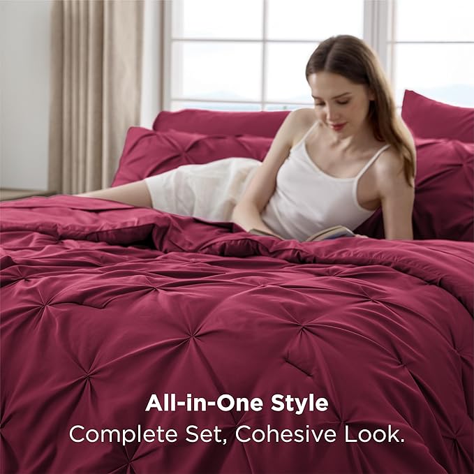 Bedsure Queen Comforter Set Dark Red - Bed in a Bag Queen Size Bedding 7 Pieces, GentleSoft™ Pintuck Bed Set Gift for Family, Pinch Pleat All Season Comforter with Sheets, Pillowcases & Shams