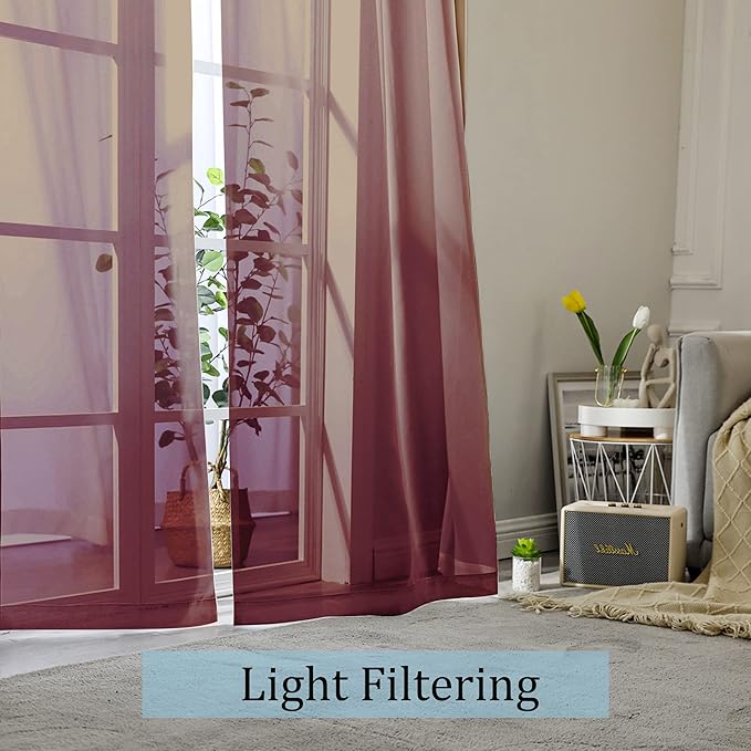OWENIE Sheer Curtains, 45" Long Light Filtering Tiers for Kitchen, Bedroom, 2 Panels, Cafe Curtains for Small Window, 42" W x 45" L, Burgundy