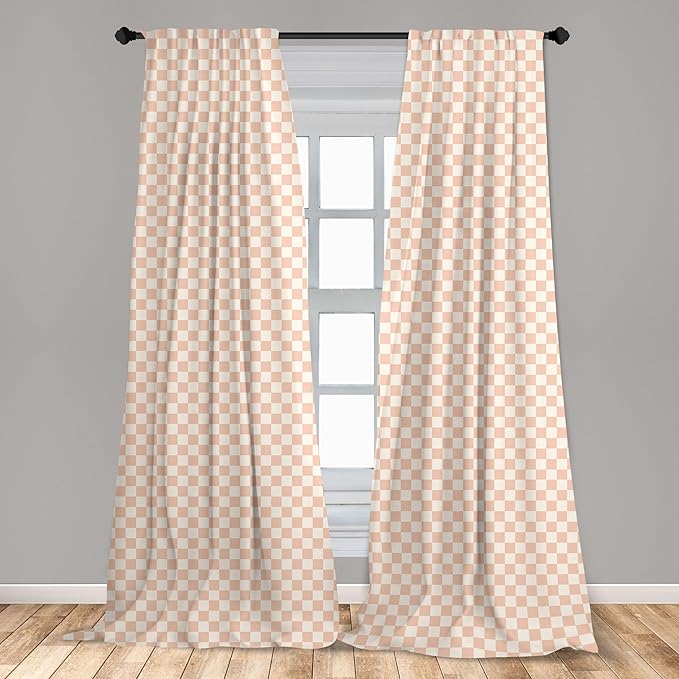 Ambesonne Geometric Curtains, Pale Salmon Colored Chess Table Like Modern Pink Color Squares Art Print, Window Treatments 2 Panel Set for Living Room Bedroom, Pair of - 28" x 63", Peach Cream