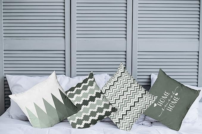 Ambesonne Modern Throw Pillow Cushion Case Pack of 4, Geometric Style Pattern of Triangles Zigzags Love Home Phrase Print, Modern Accent Double-Sided Digital Printing, 16", Dark Sea Green and White