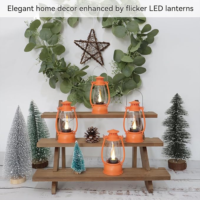 Orange Mini Lanterns Decorative 6-Pcs for Fall Halloween Thanksgiving Decoration, Small Western Lantern with LED Flickering Candle for Cowboy Camping Christmas Wedding Decor, Centerpiece Table