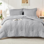 HYMOKEGE Light Grey Full Size Comforter Sets Seersucker 7 Pieces, All Season Luxury Bed in a Bag for Bedroom, Bedding Set with Comforters, Sheets, Pillowcases & Shams