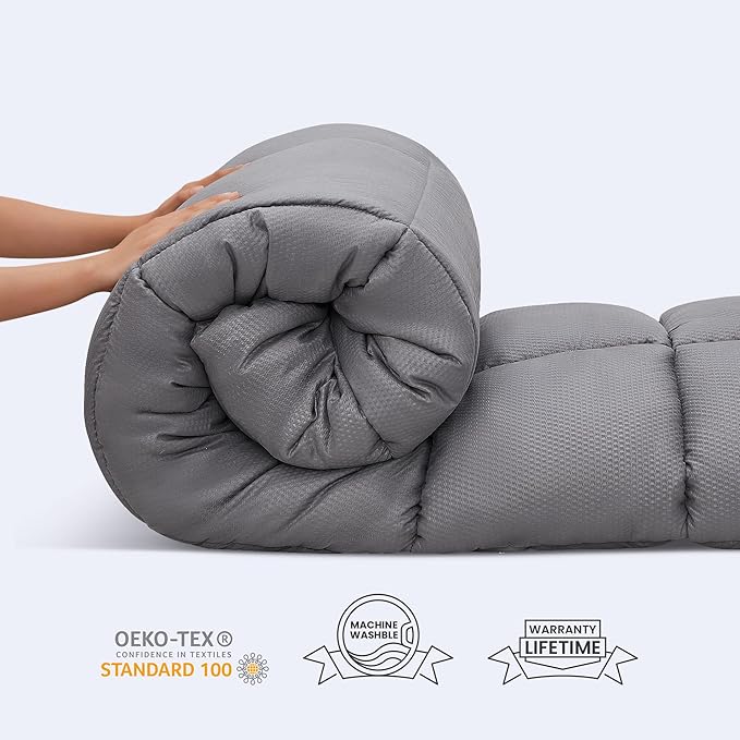 SLEEP ZONE Cooling Mattress Topper King Size Quilted Fitted Mattress Pad Cover, Soft Fluffy Down Alternative Pillow Top Bed Topper Deep Pocket 8-21 Inch (Grey, King)