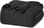 PHF 100% Cotton Waffle Weave Blanket Twin Size for Bed, Soft Lightweight & Breathable, All-Season Comfort, Luxury Aesthetic Woven Bedding for Home Decor, 66"x90", Black
